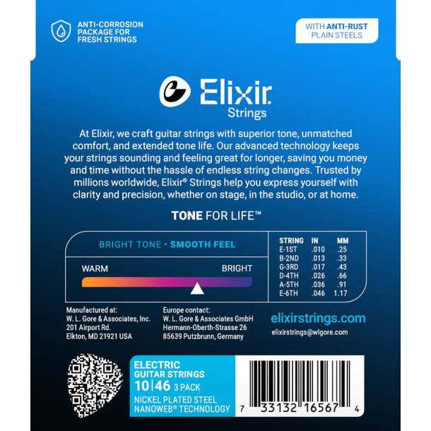 Elixir Nanoweb Electric Nickel Plated Steel 16567 3 Pack Light 10-46